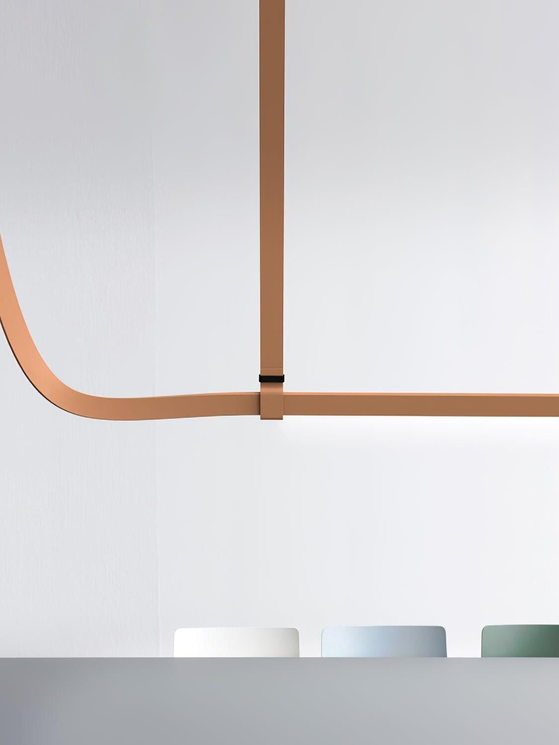 Light brown horizontal bar and upright strap above a table with white, grey and blue chairs