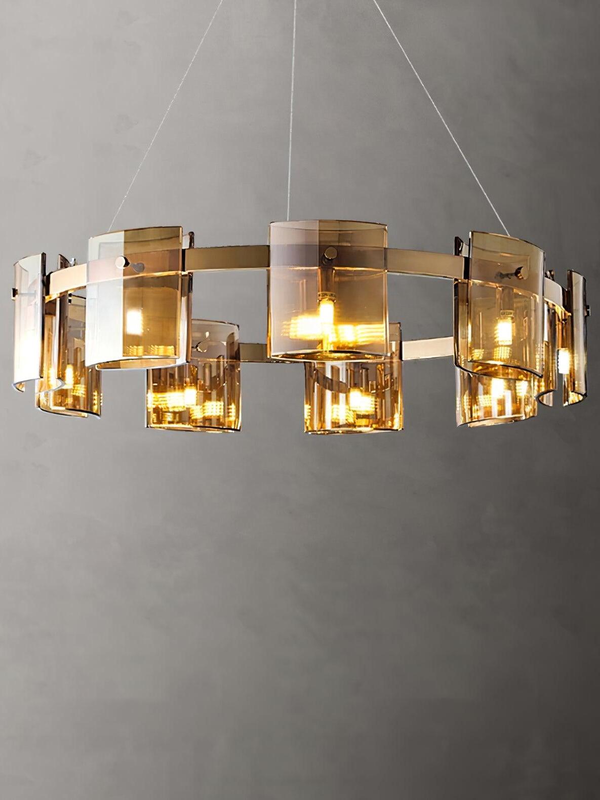 80 cm Gold Corlota ring chandelier with warm-looking light behind amber-toned glass
