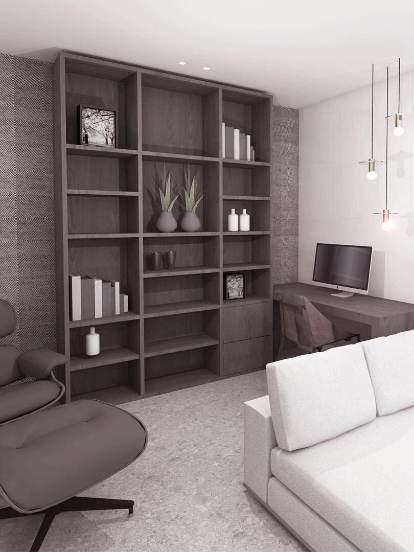 Three disc pendants at staggered heights above a desk with monitor in a home office
