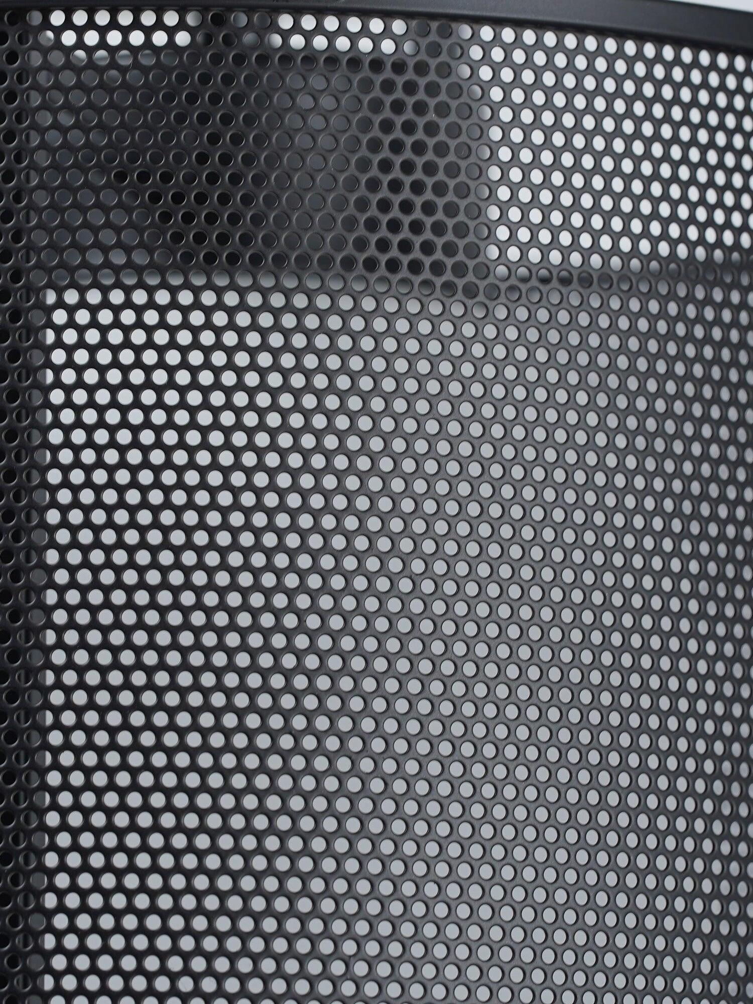 Close perforated black metal mesh around pale glass diffuser