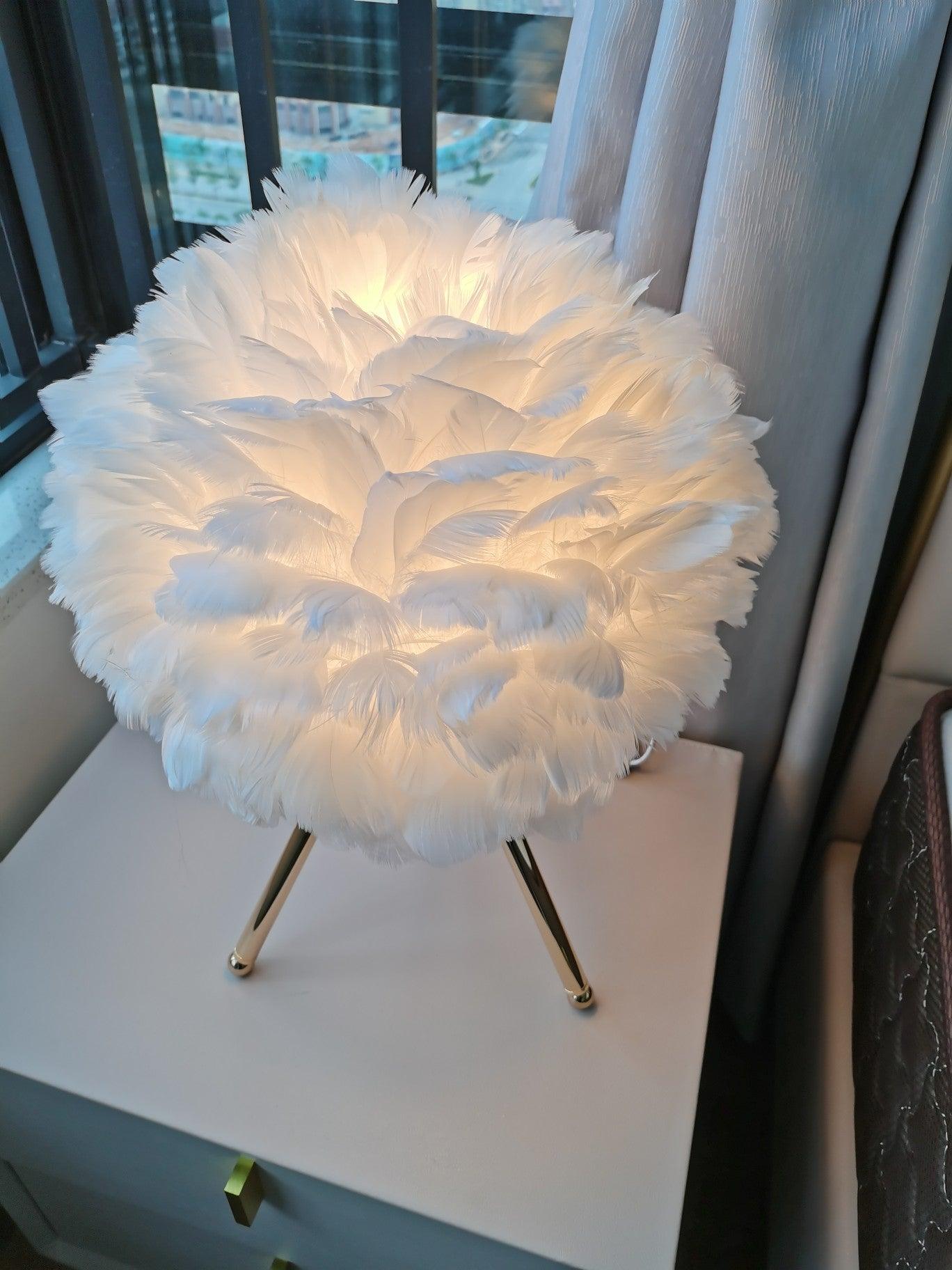White feather shade on gold tripod by window
