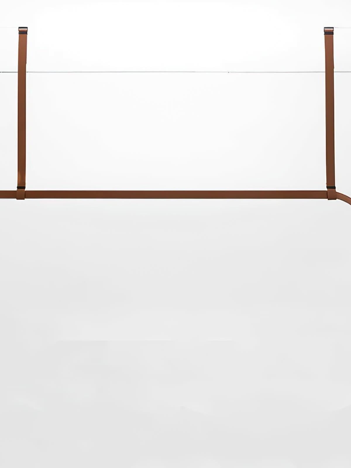 Front detail of a brown horizontal bar between two vertical straps, with a curved continuation at the right