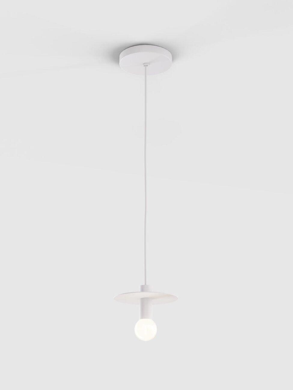 White disc pendant with white canopy and cord, cylindrical holder and exposed globe bulb