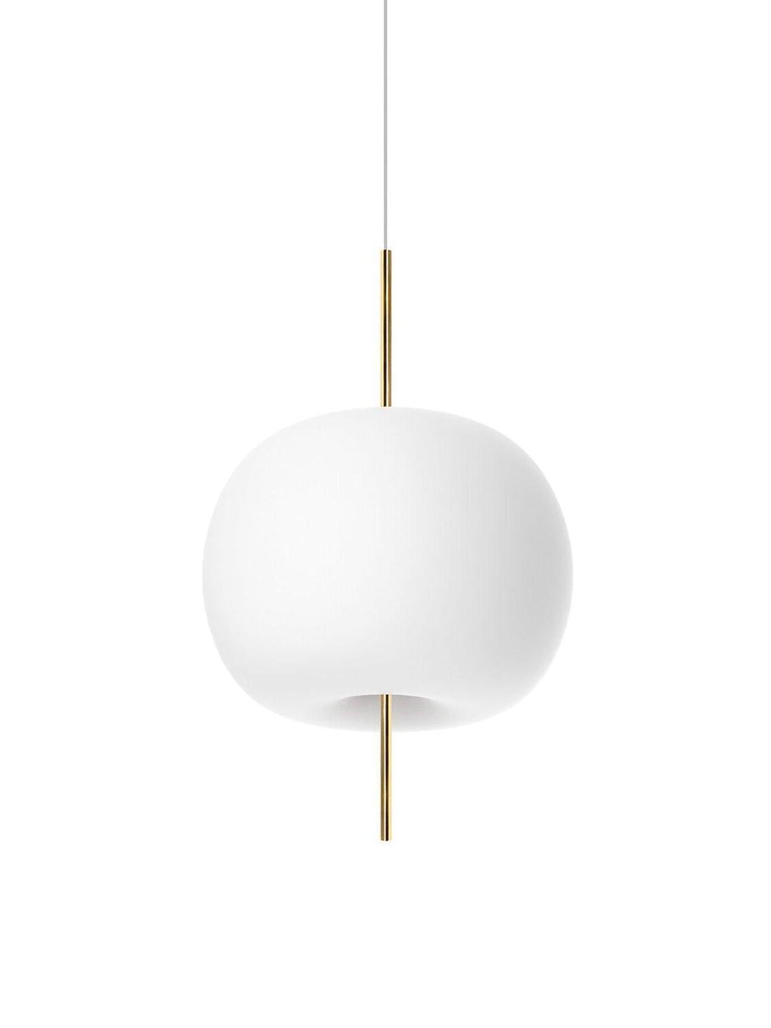 Rounded white glass shade with a gold-coloured stem extending above and below