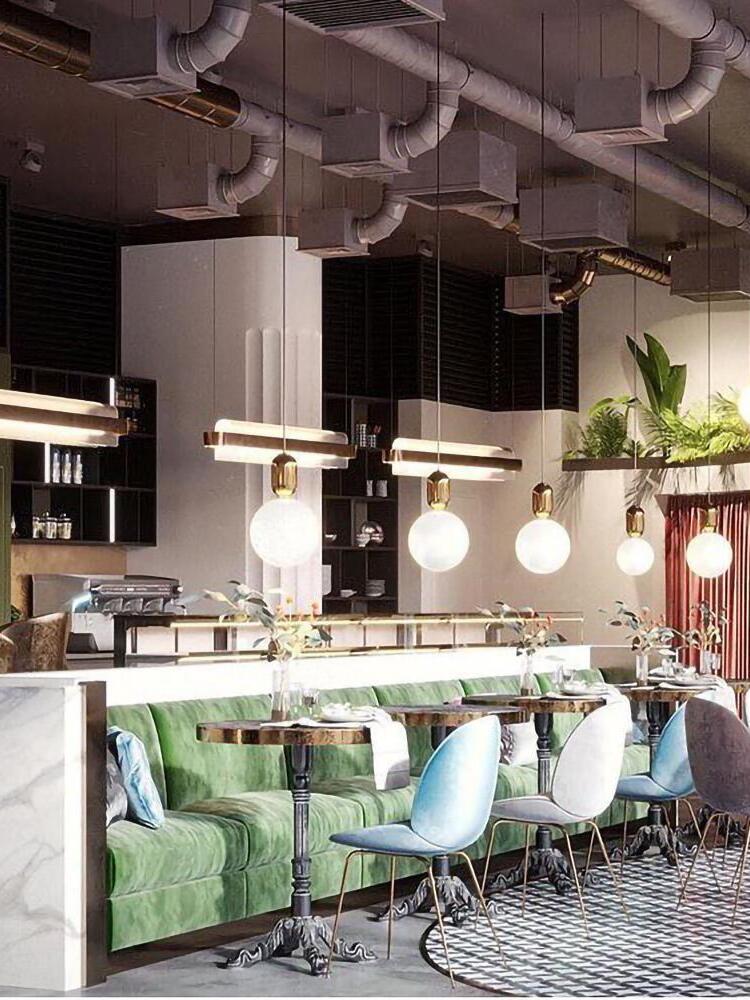 Globe lights along a bar counter