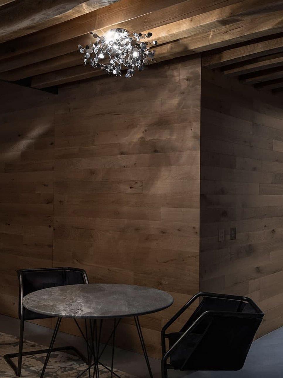 Compact silver disc cluster below timber ceiling beams