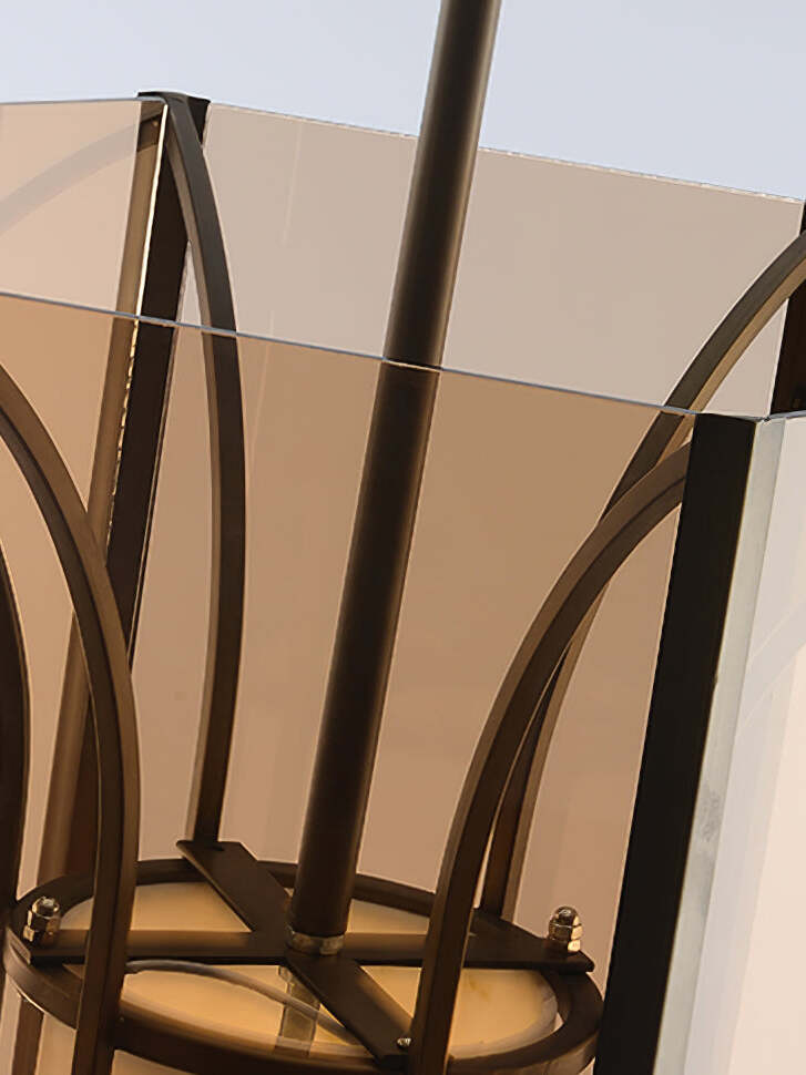 Close black curved frame at amber glass panel top