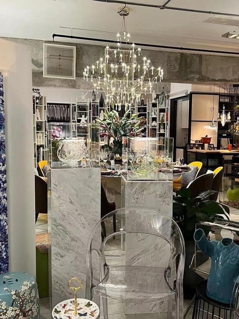 Crystal lattice chandelier in a showroom