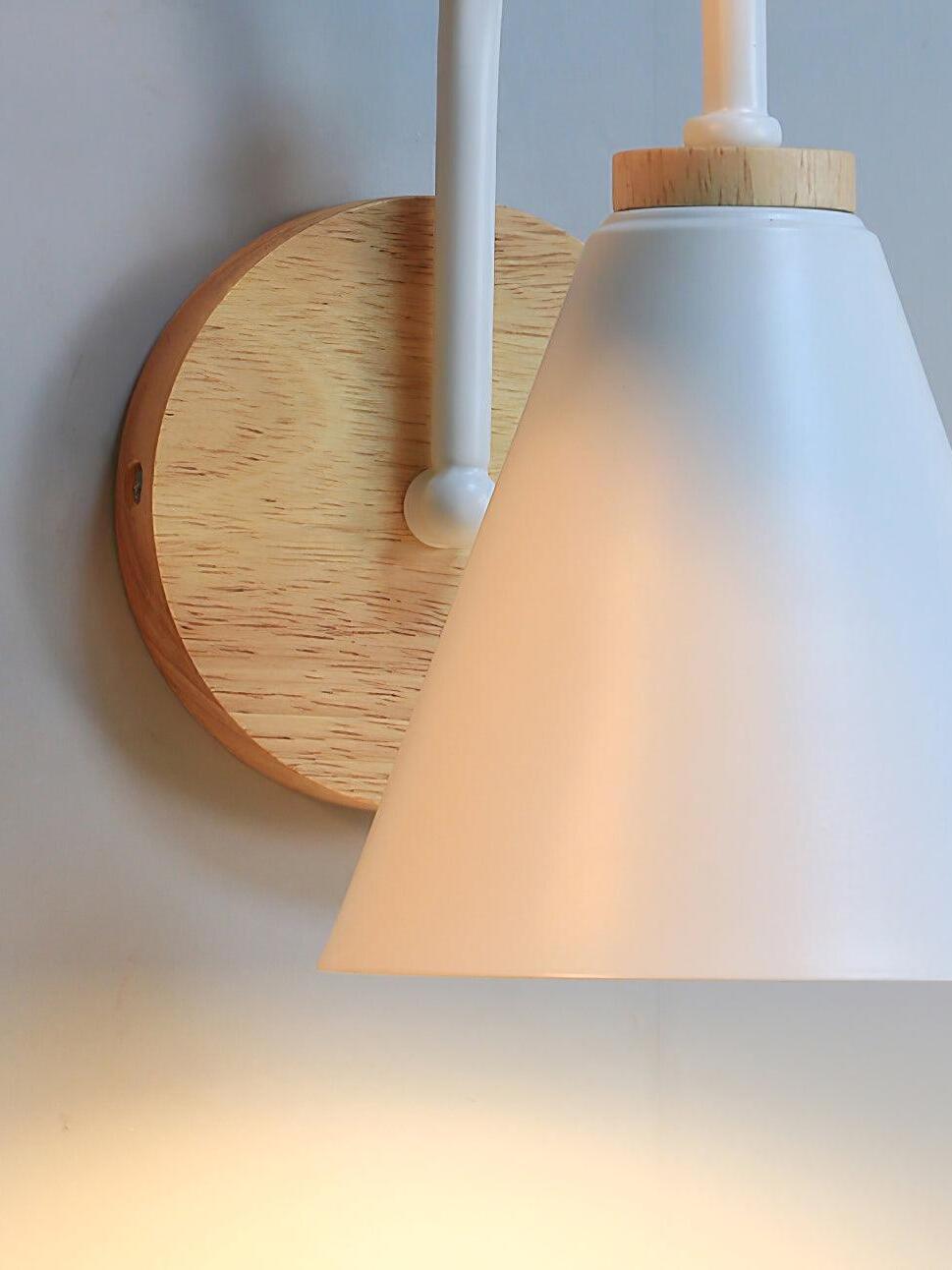 Close view of white cone shade and wood-colour collar