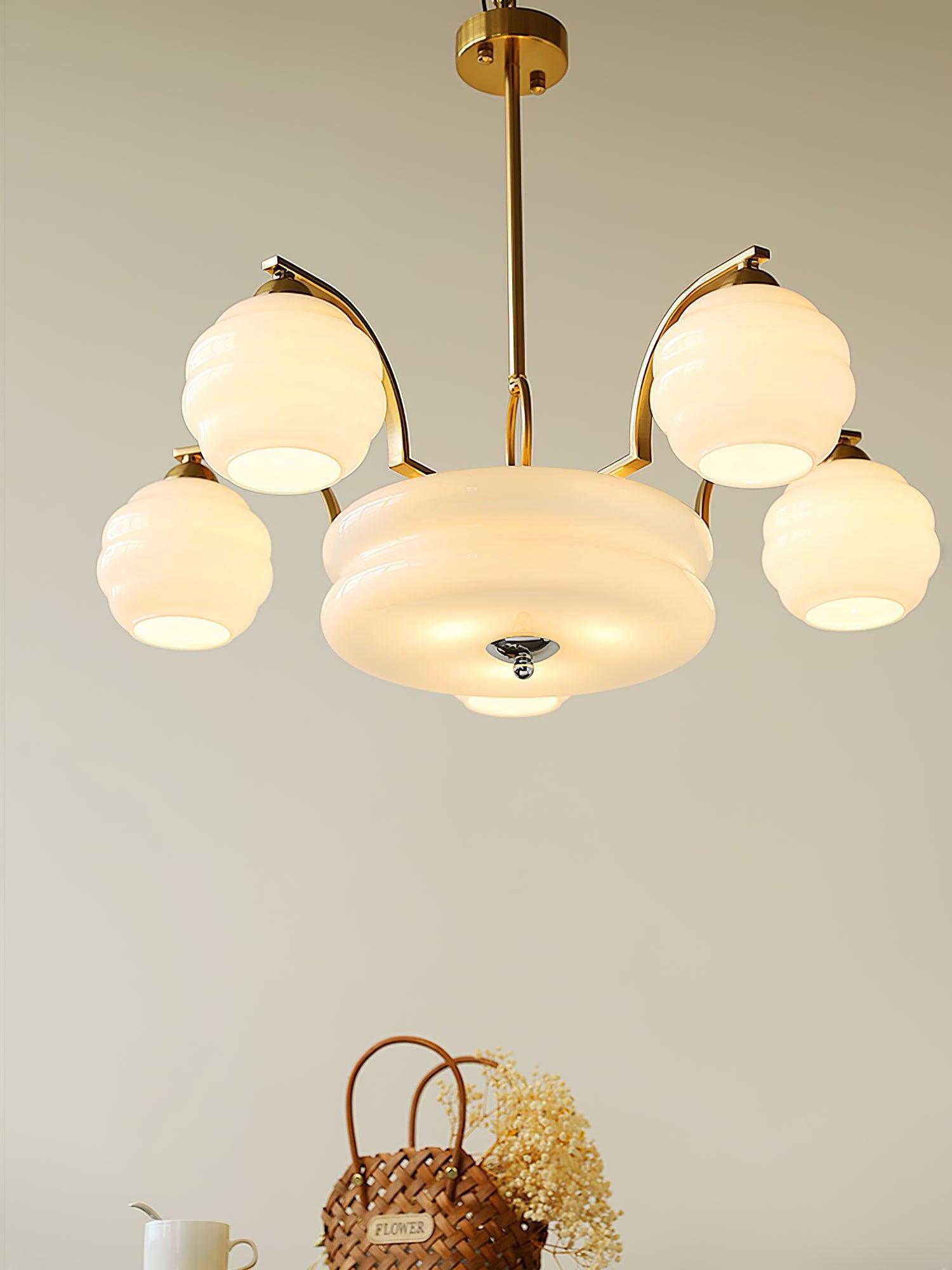 Underside view of five outer shades and central glass bowl