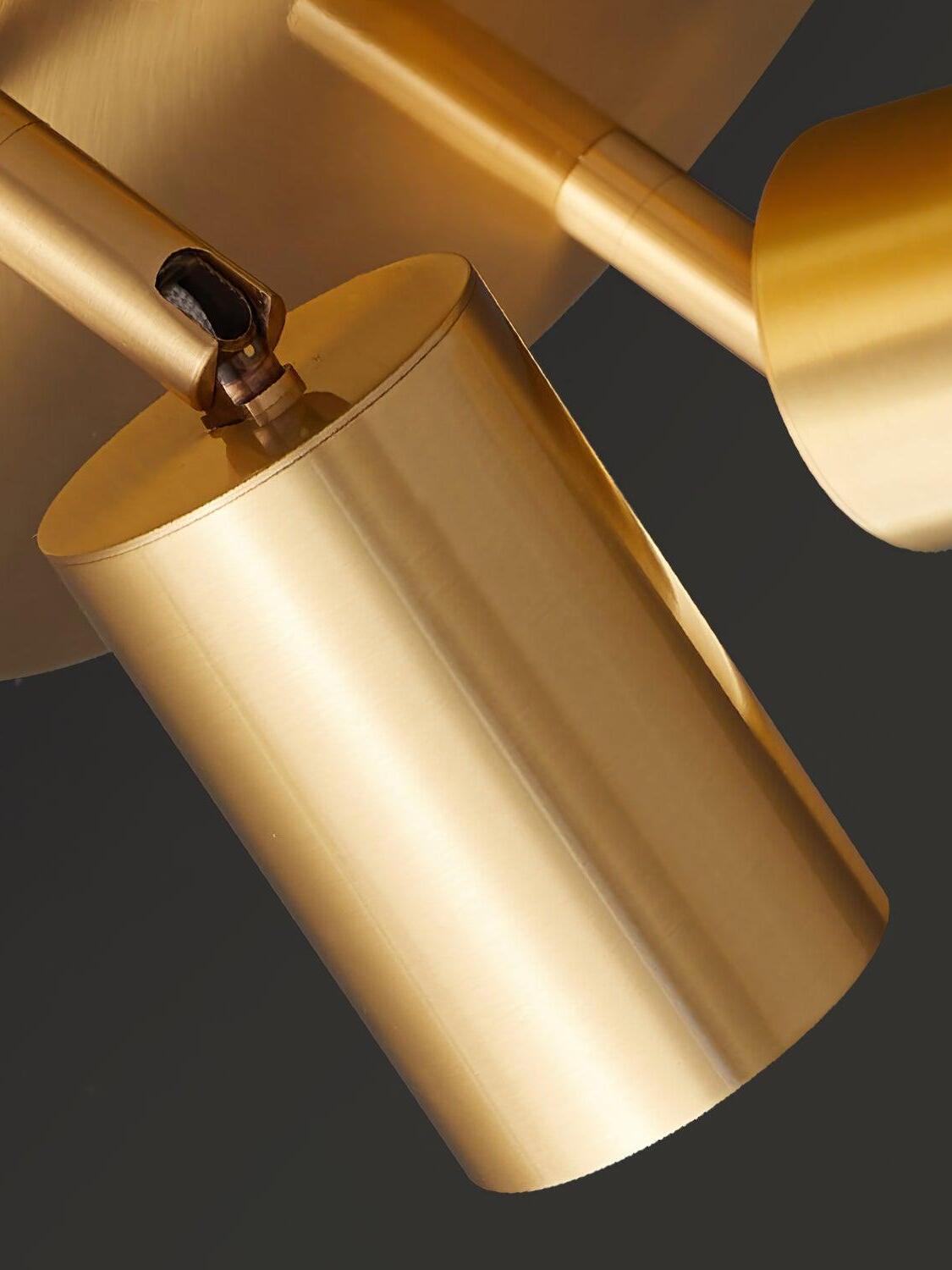 Close brass spotlight head and hinge under round plate