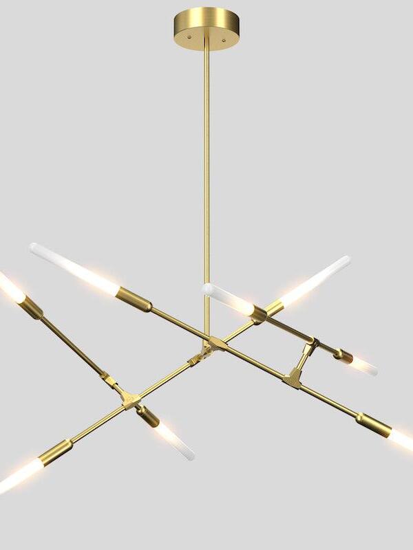 Gold-coloured chandelier with a wide intersecting frame beneath a round canopy