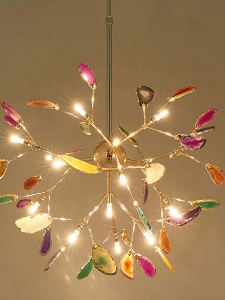 Illuminated branching chandelier with coloured stone details