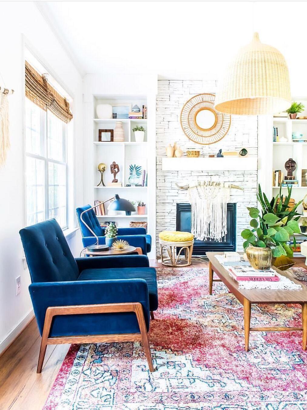 Rattan pendant in a colourful living room