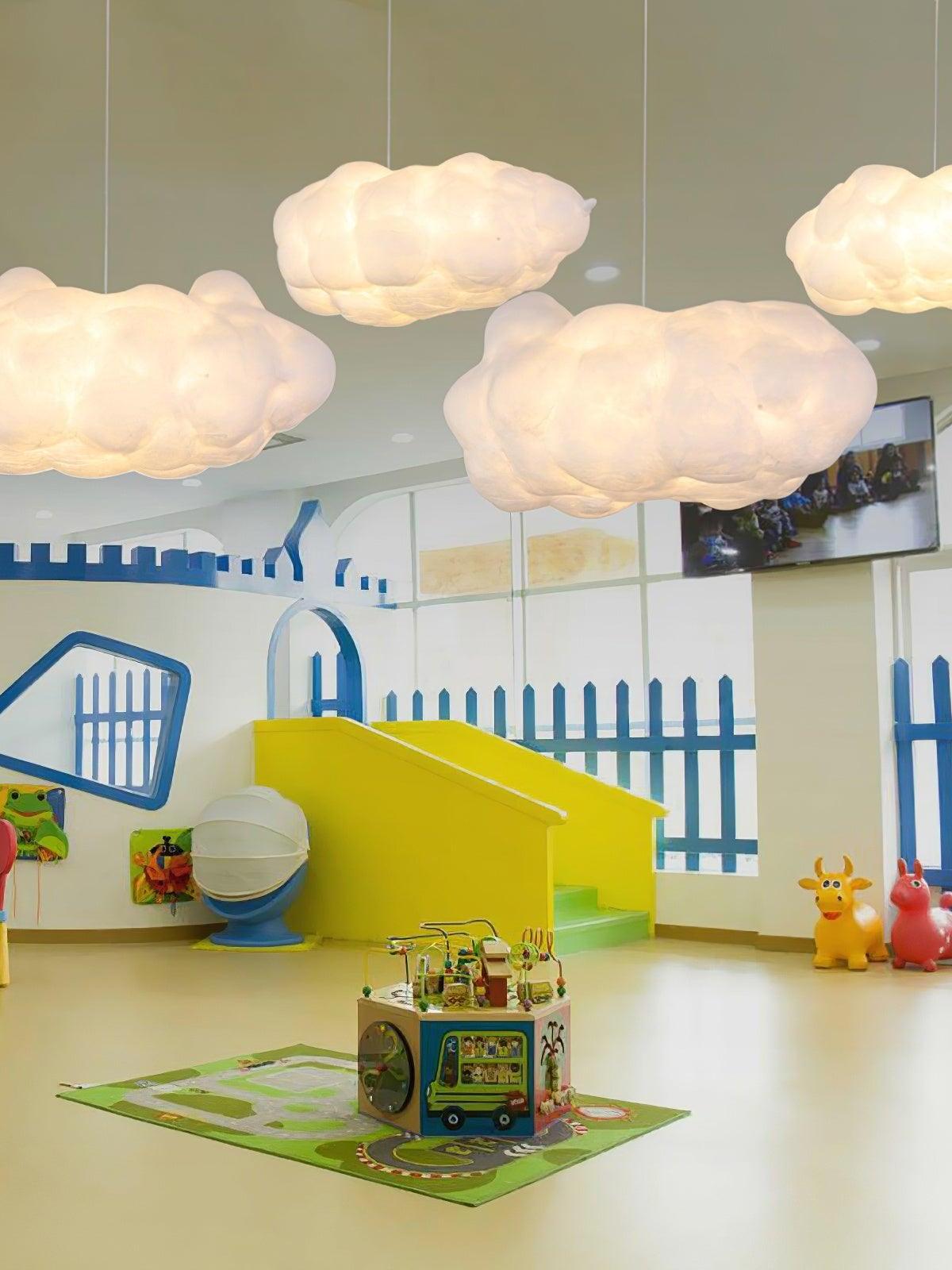 Grouped cloud pendants over a playroom scene