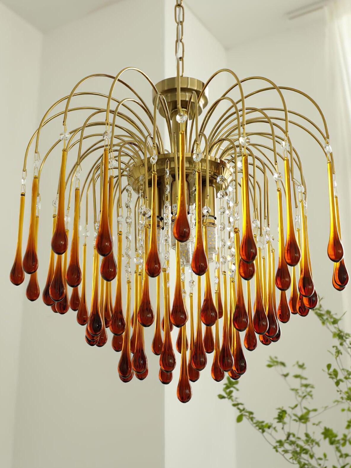 55 cm Caramel chandelier with tiers of long amber drops
