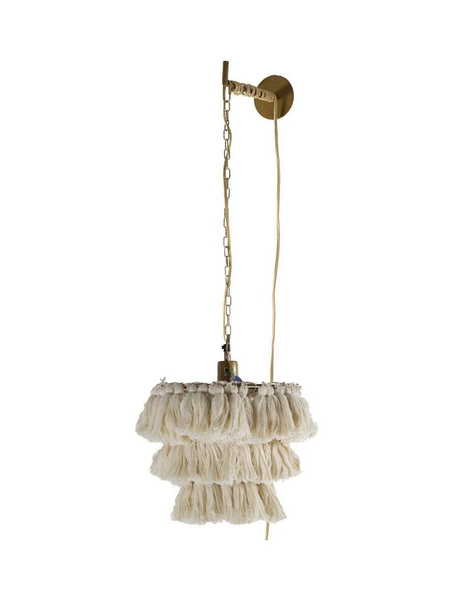 White three-tier tassel shade hanging by a chain from a gold-coloured wall bracket