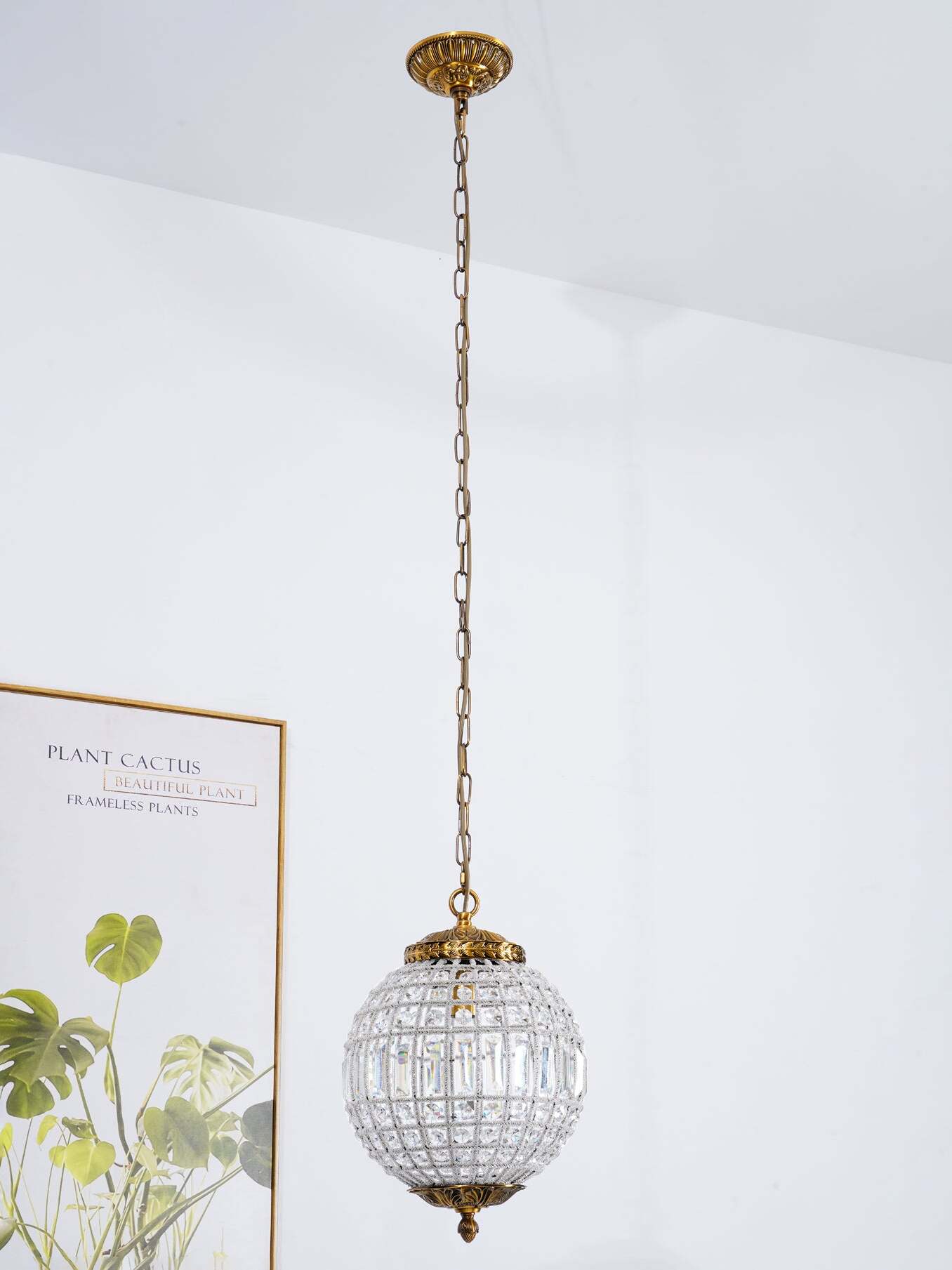 Unlit small crystal globe on a long chain beneath a round canopy beside a botanical framed print