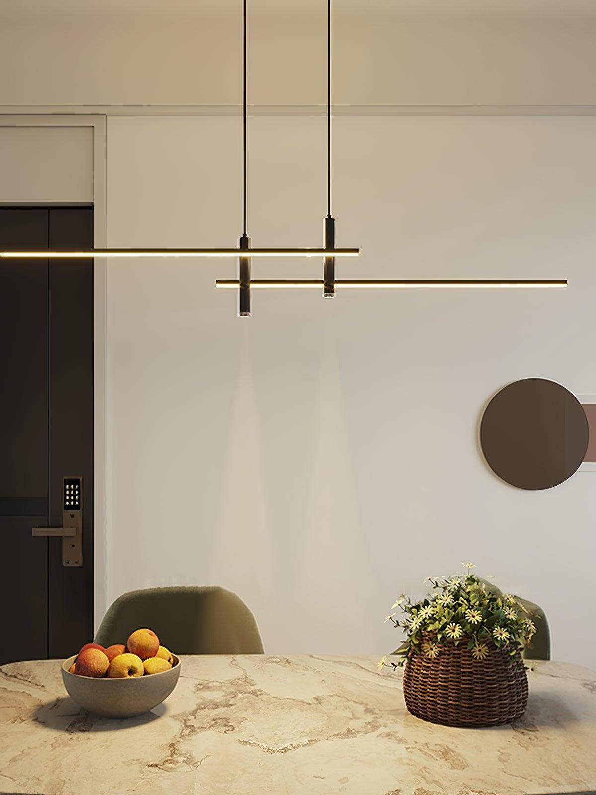 Black offset bars suspended above a table