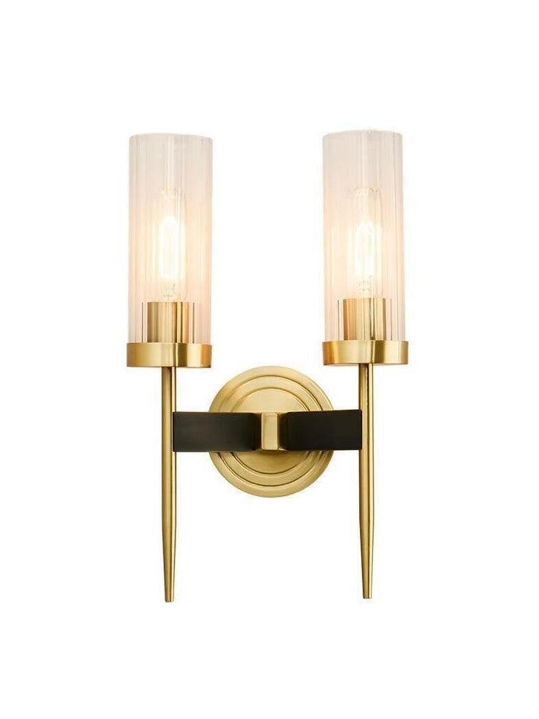 Two-arm Brass-finish glass wall sconce on white