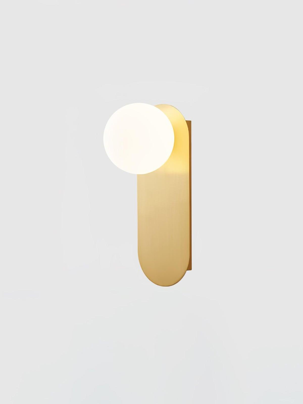 White glass globe projecting from the upper end of a brass-finish rounded plate