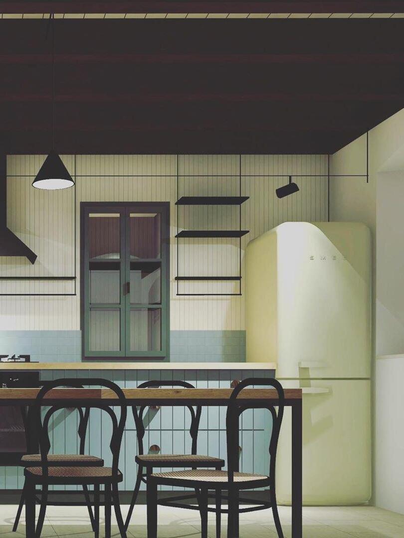Black cone pendant and ceiling lines over a dining table with bentwood chairs, pale tiles and a fridge