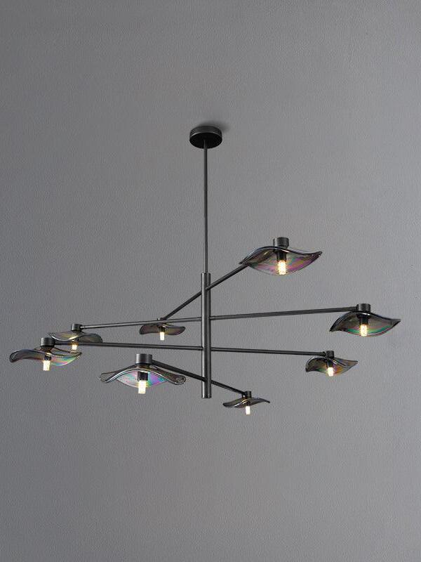 Black eight-light Calla chandelier with smoke-grey glass shades