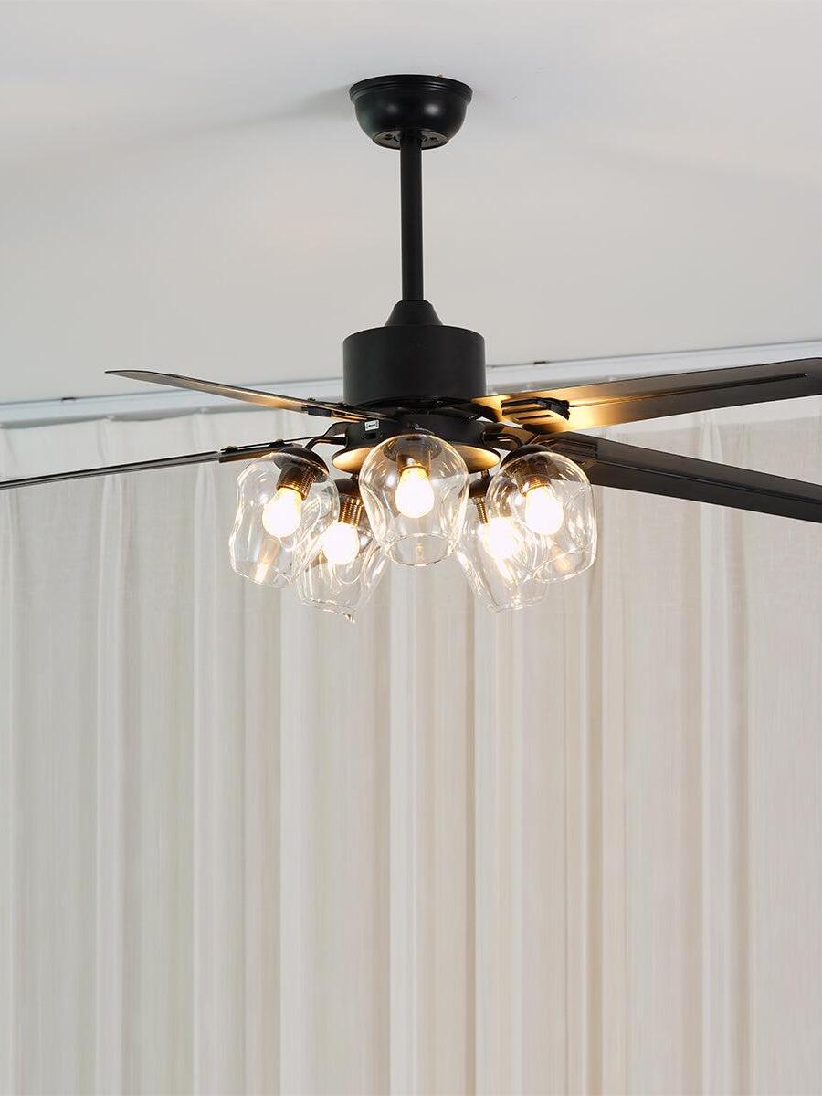 Model B black ceiling fan with open rounded glass shades below five blades