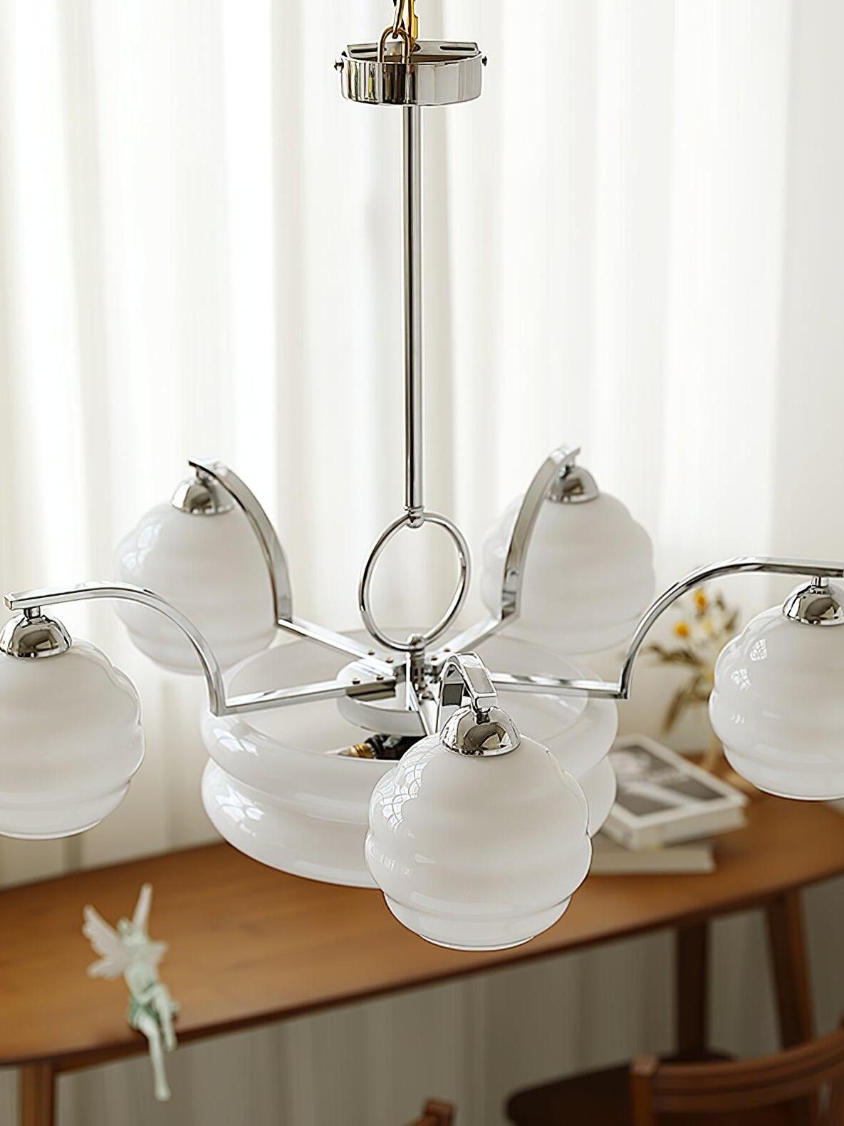 White glass shades on a chrome-coloured frame