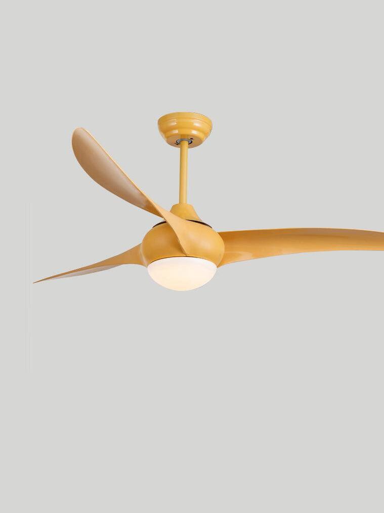 Golden-brown-looking curved fan blades with matching rod and canopy and a warm-looking round diffuser against gray