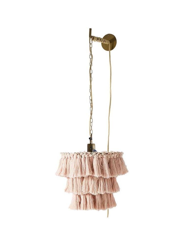 Pink three-tier tassel wall light with a chain, round wall plate and visible cord