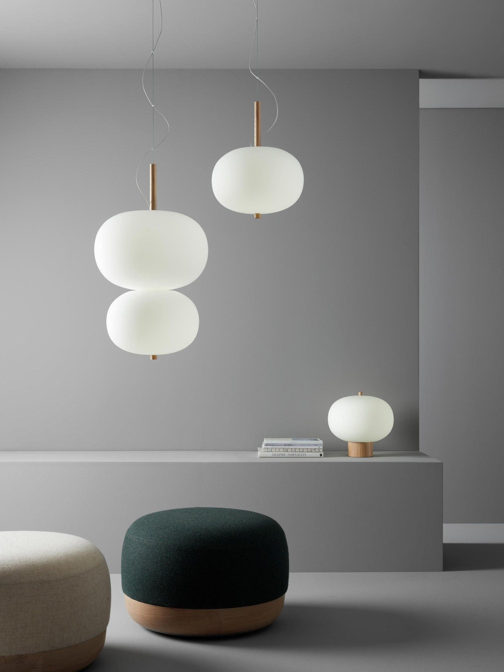 Single and double-globe pendants in a room scene