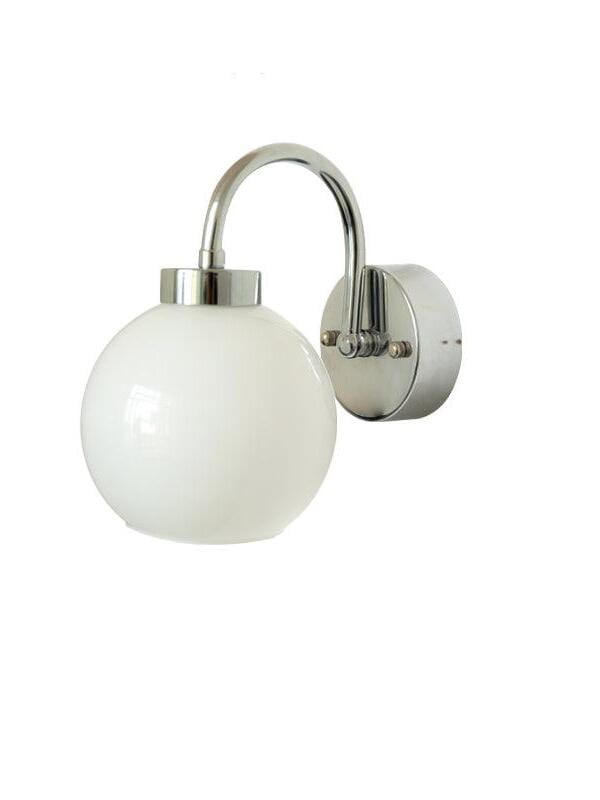 Loa White glass option with pale rounded globe, curved silver-tone arm and plate