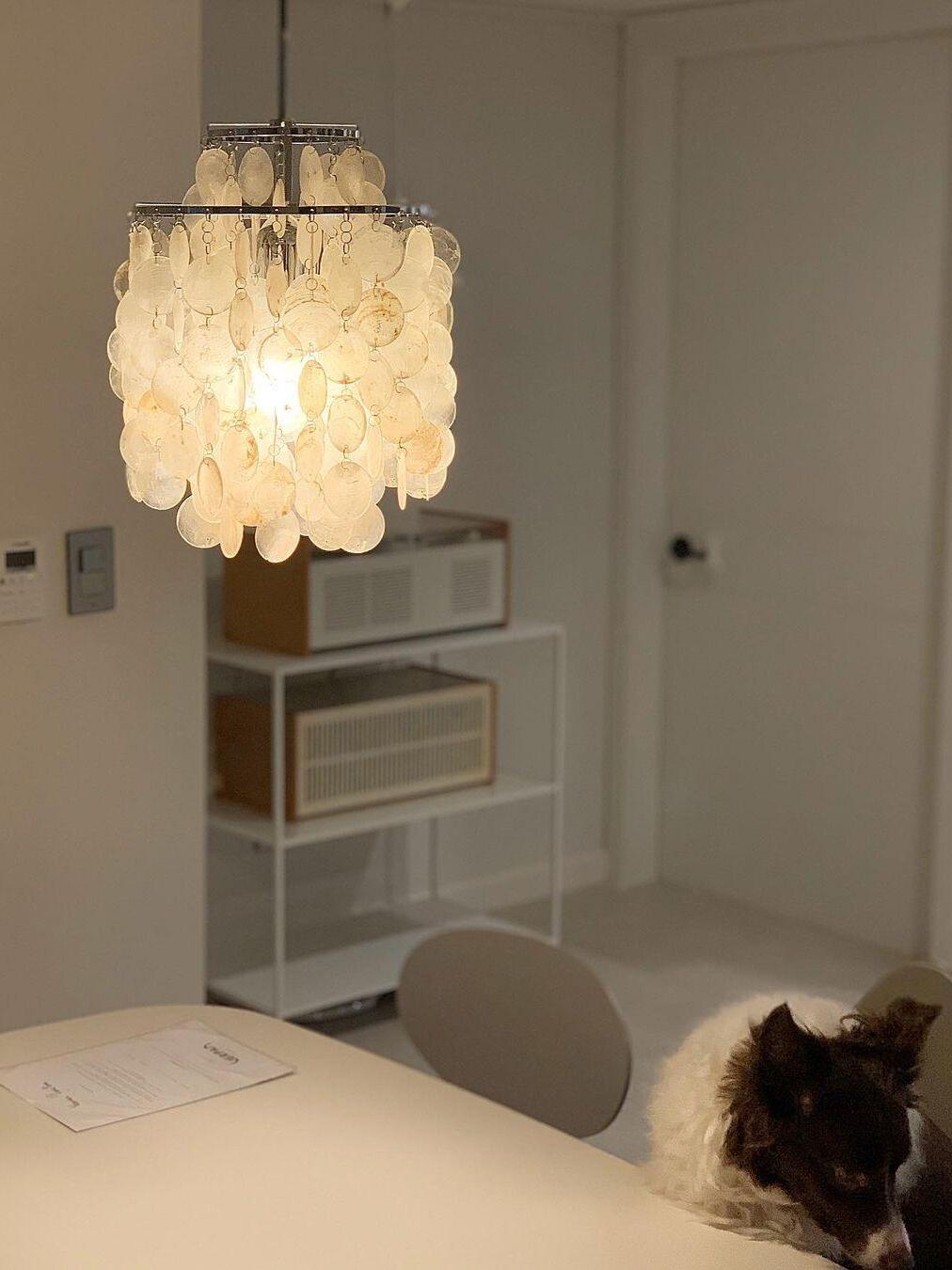 Tall shell-disc pendant above a small table