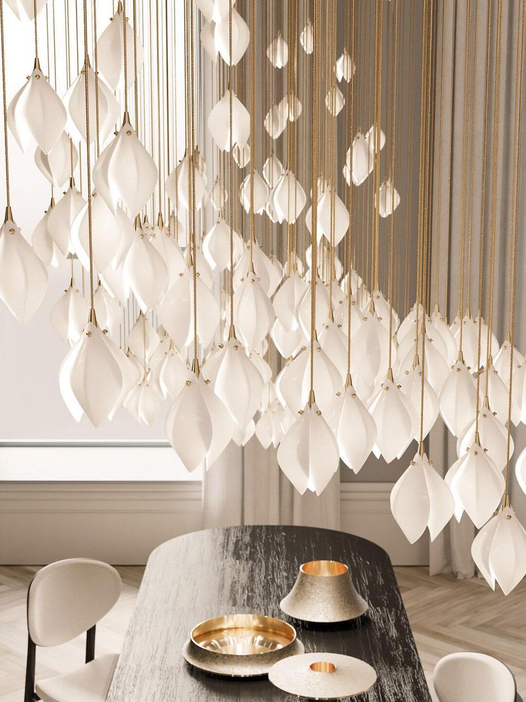Many petal pendants above an interior table