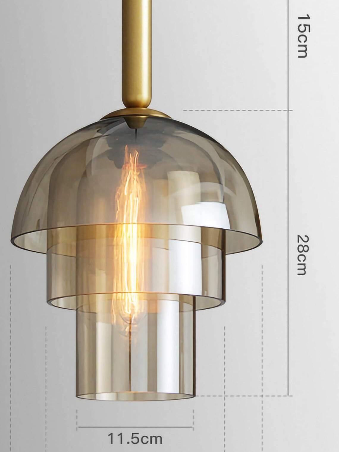 Three-tier size detail showing 15 cm upper fitting, 28 cm glass section and 11.5 cm across the smallest lower cylinder