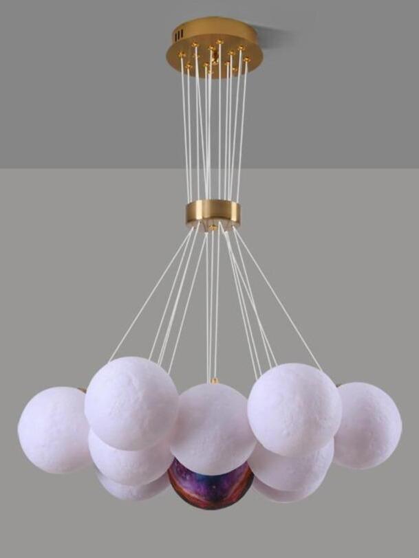 Unlit pale spheres and coloured centre beneath a gold-toned canopy