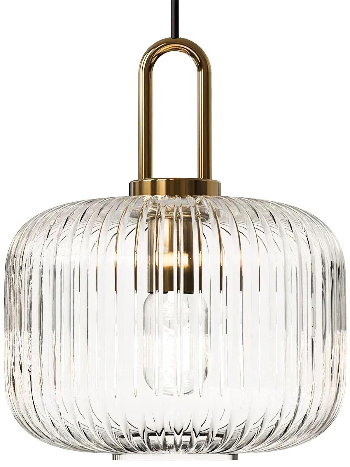 Clear ribbed shade with visible inner bulb and top loop