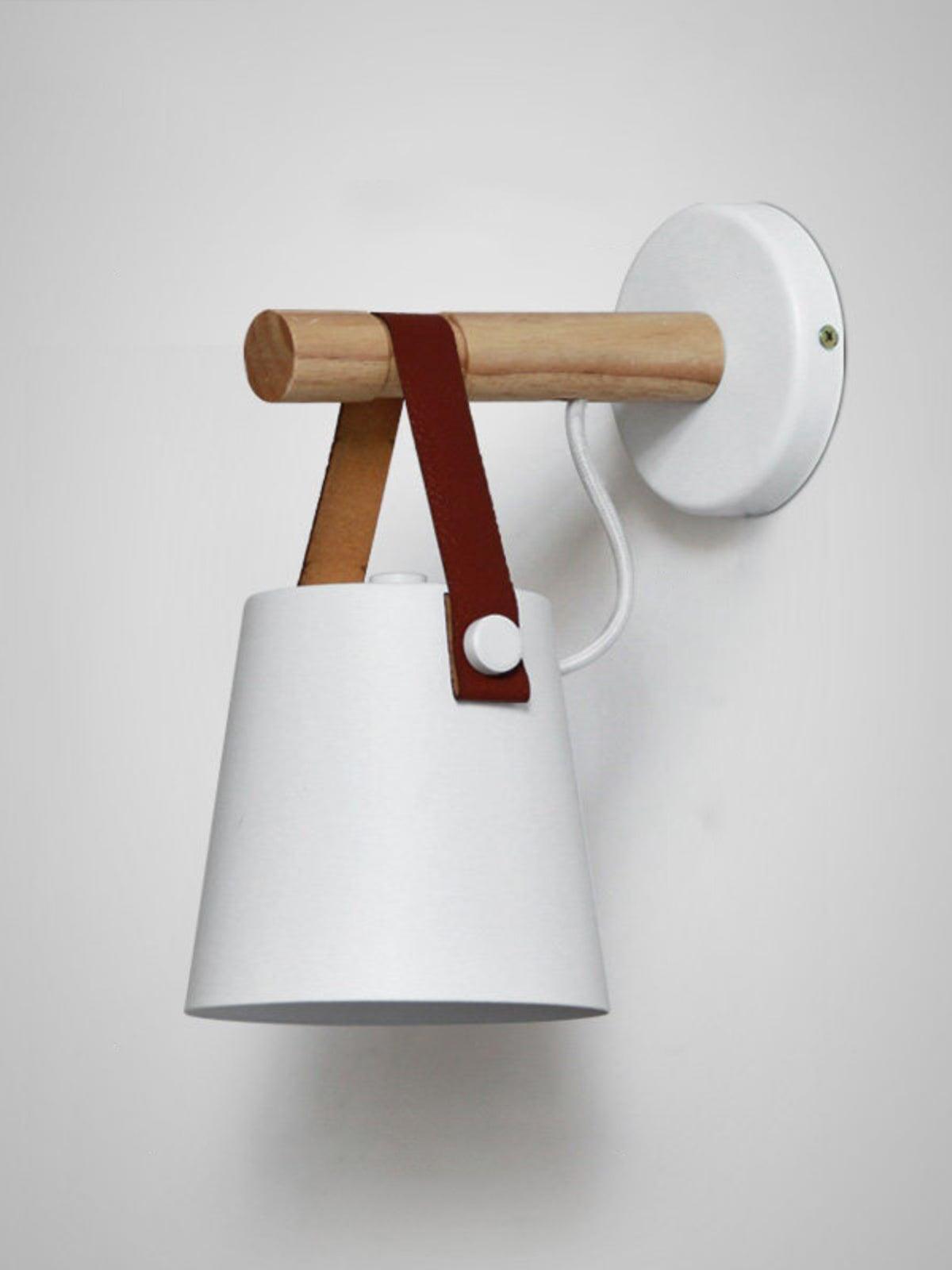 White wall-light option with wood bar and brown strap