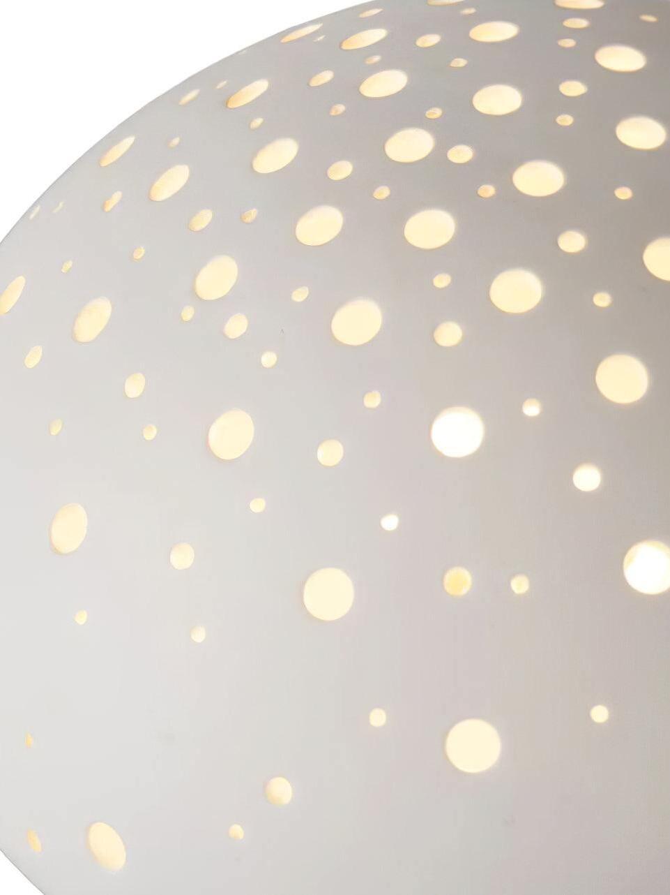Detail of circular illuminated openings across the white mushroom cap