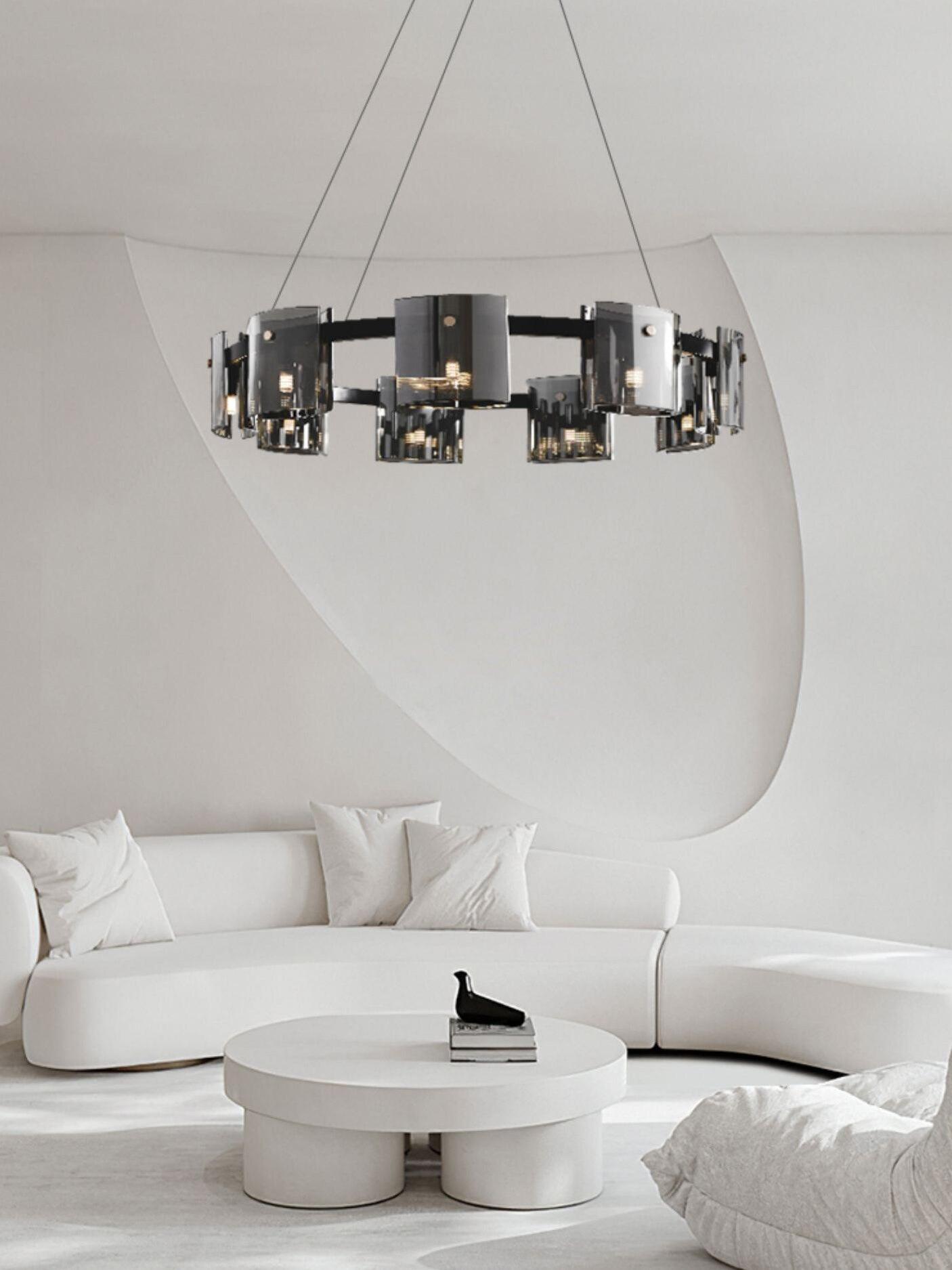 Black ring chandelier in a white sitting room