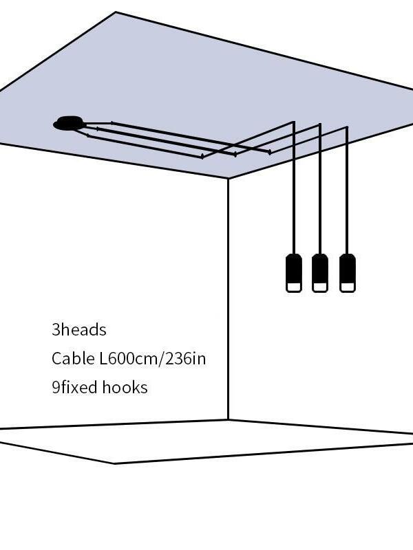 Three-head ceiling-routing diagram marked cable L600 cm and 9 fixed hooks