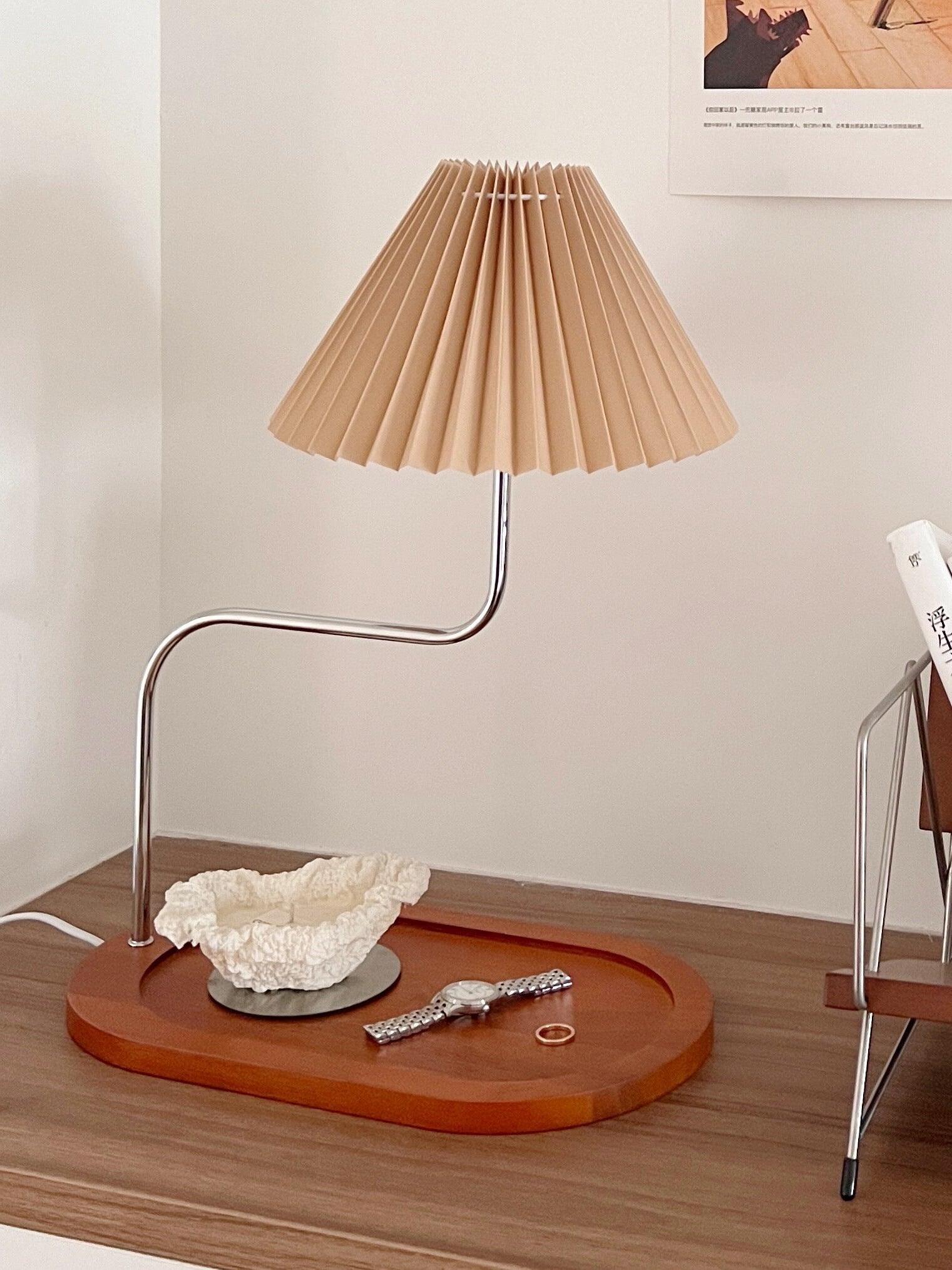Brown pleated lamp with offset metal stem and tray