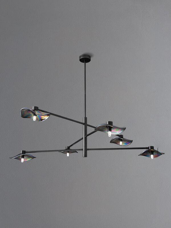 Black six-light Calla chandelier with glass shades on three crossed arms
