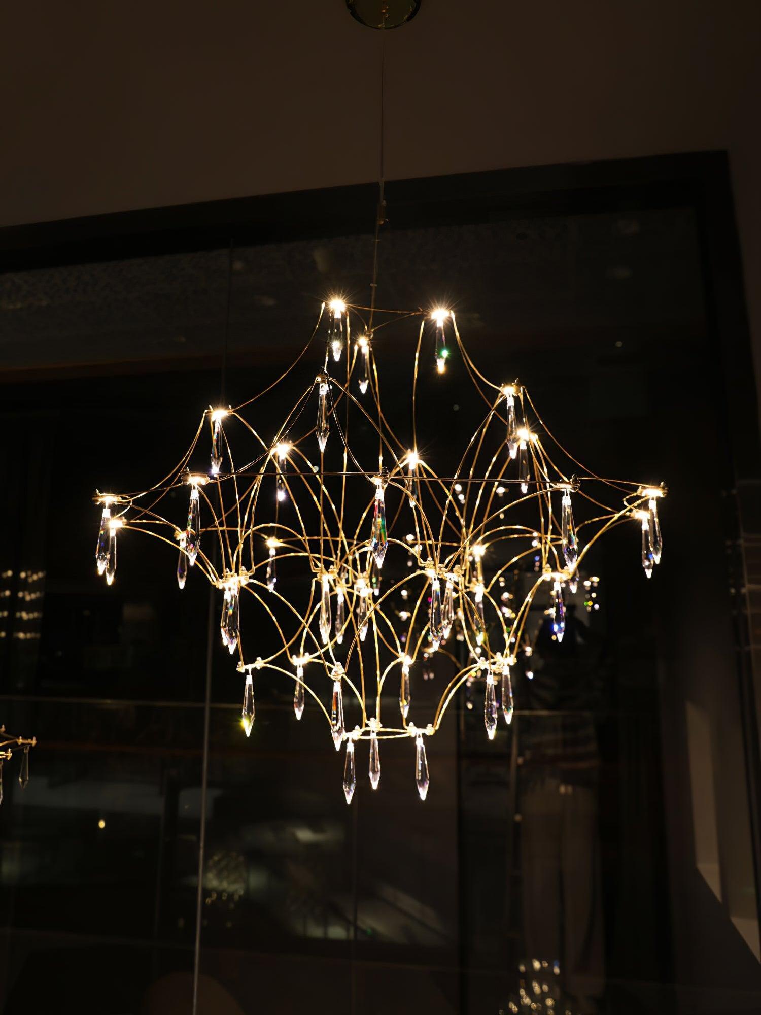 Glowing lattice and crystal prisms against a dark background