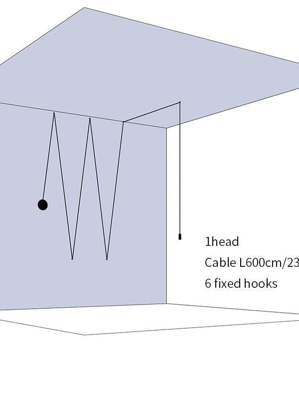 Single-head wall-and-ceiling zigzag diagram marked cable L600 cm and 6 fixed hooks