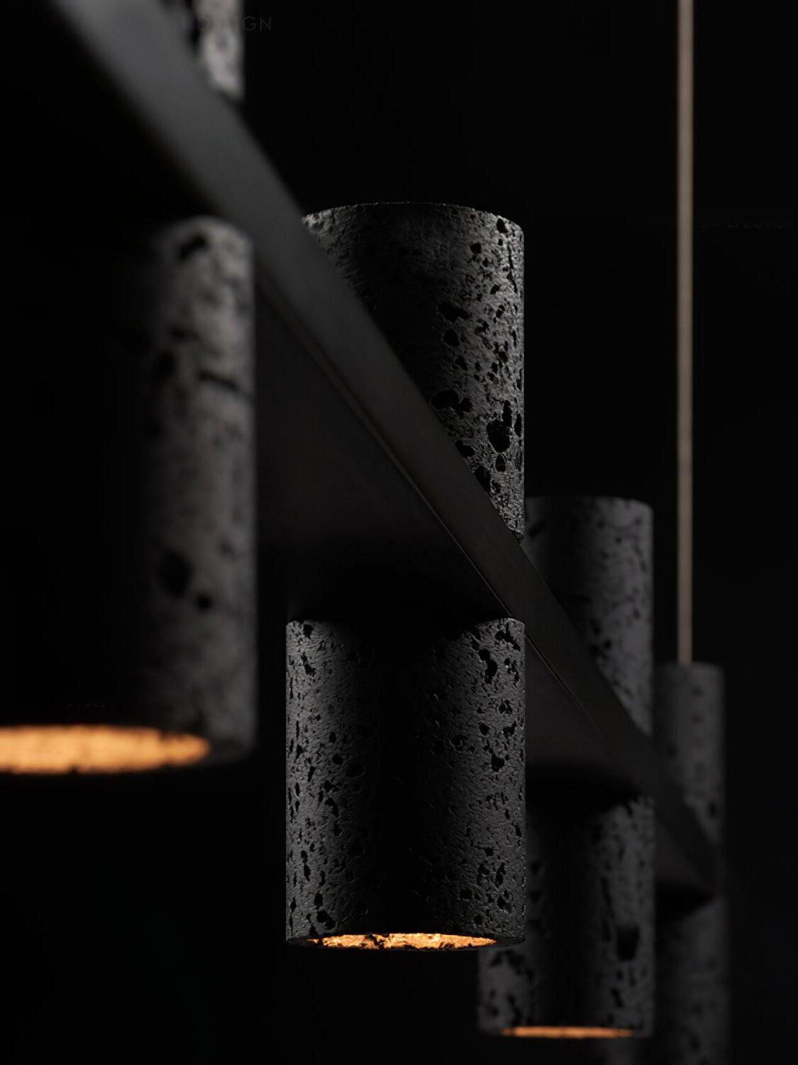 Close view of textured cylinders along a dark bar