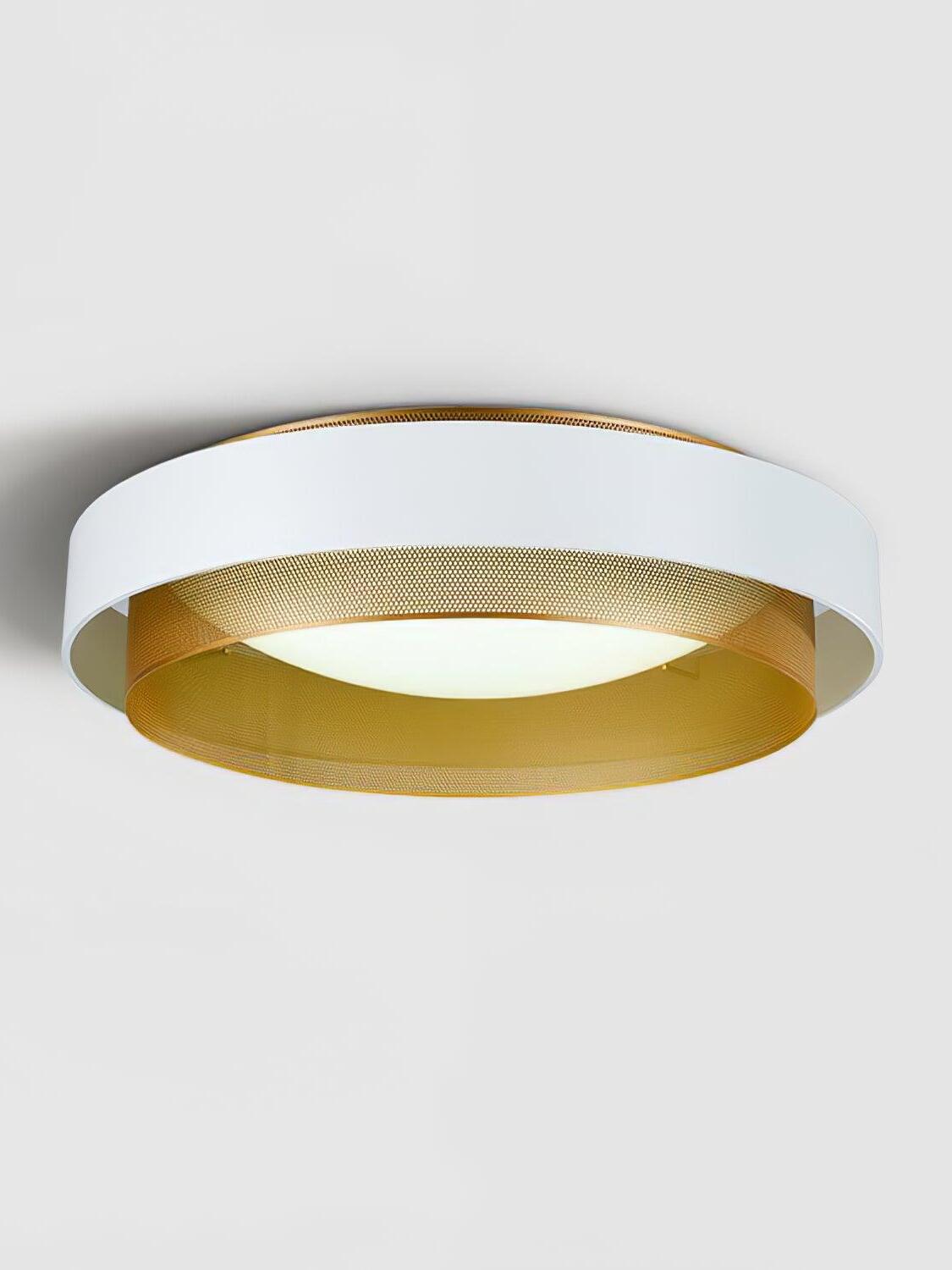 Illuminated white and gold Nolan ceiling light viewed from below at an angle
