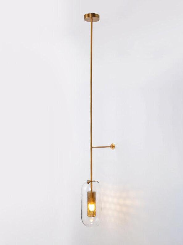 Long gold-tone fixture with a round upper canopy, side support and glowing glass capsule