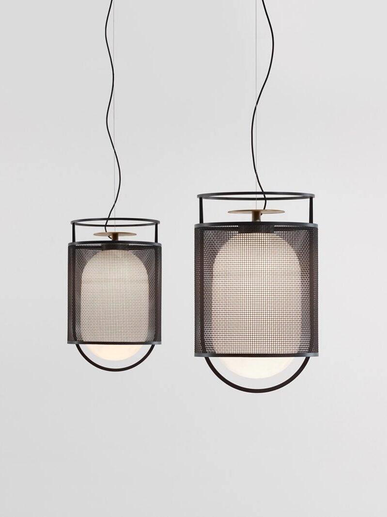Two black mesh hanging lanterns of different apparent sizes